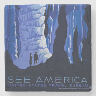 Posavasos De Piedra Cartel de viaje vintage de cueva caverna