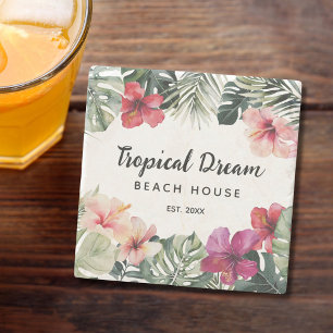Posavasos De Piedra Casa de Playa Botánico Floral Tropical Acuarela