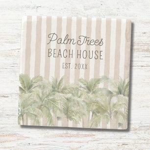 Posavasos De Piedra Casa de Playa con Palmeras Tropicales y Rayas Beig