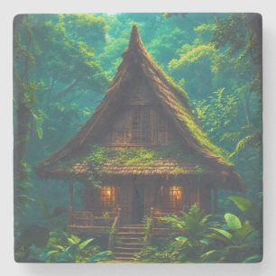 Posavasos De Piedra Casa Silenciosa en el Bosque Tropical