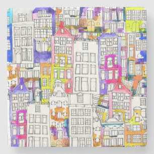 Posavasos De Piedra Casas de Amsterdam: Patrón Seamless de acuarela