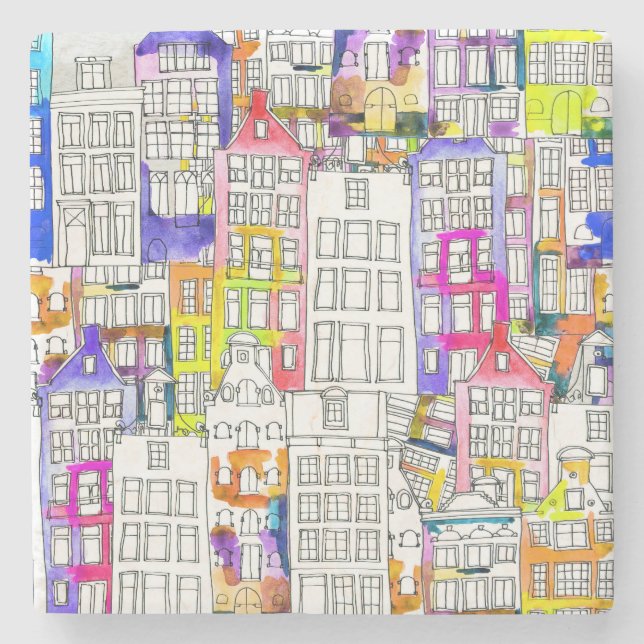 Posavasos De Piedra Casas de Amsterdam: Patrón Seamless de acuarela (Anverso)