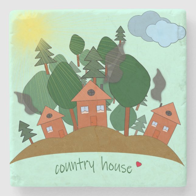 Posavasos De Piedra Casas rurales al borde del bosque. (Anverso)