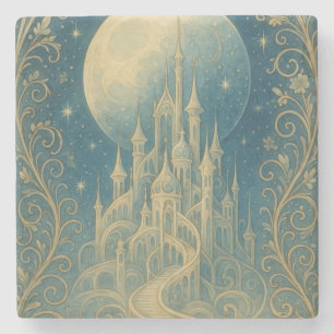 Posavasos De Piedra Castillo de Fantasía bajo la Luz de la Luna Arte