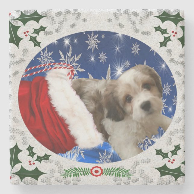 Posavasos De Piedra Cavachon Coaster, Perro Navidad (Anverso)