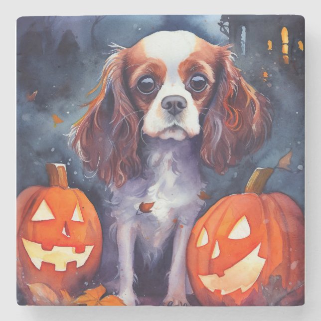 Posavasos De Piedra Cavalier de Halloween King Charles Spaniel (Anverso)