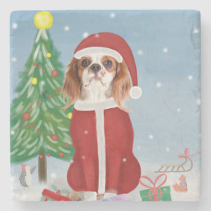 Posavasos De Piedra Cavalier King Dog en Nieve con regalos de Navidade