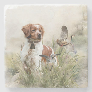 Posavasos De Piedra Cazando con un perro de Bretaña, arte