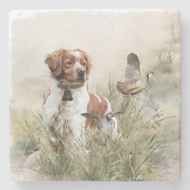 Posavasos De Piedra Cazando con un perro de Bretaña, arte (Anverso)