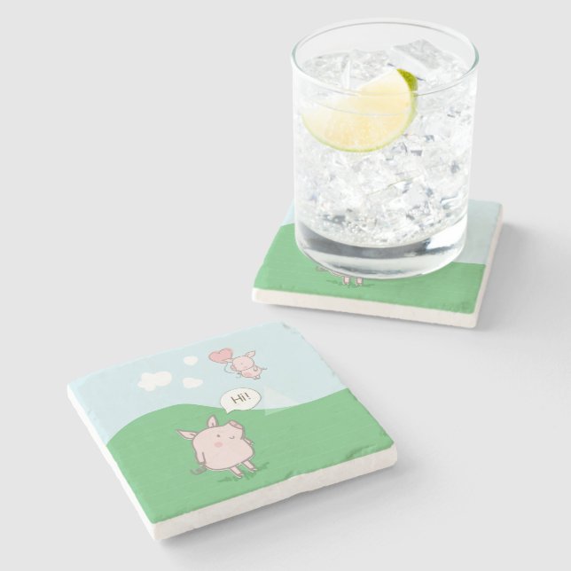 Posavasos De Piedra Cerdo flotante lindo diciendo hola (Lateral)