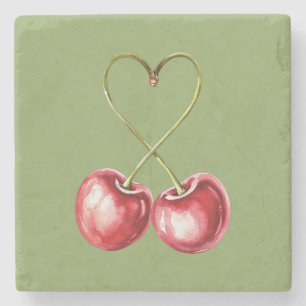 Posavasos De Piedra Cerezas Rojas Hojas Verdes