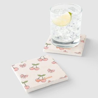 Posavasos De Piedra Cerezas Rosadas y Lazos Patrón Continuo Adorable