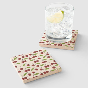 Posavasos De Piedra Cerezo Rojo, Patrón De Cerezas, Hojas, Fruta