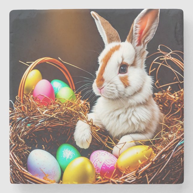 Posavasos De Piedra Cesta de conejo y huevos de Pascua (Anverso)