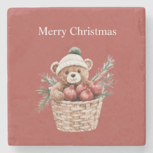 Posavasos De Piedra Cesta de osito de peluche rojo granadas Navidad