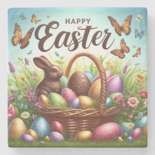 Posavasos De Piedra Cesta de Pascua colorida y feliz con huevos
