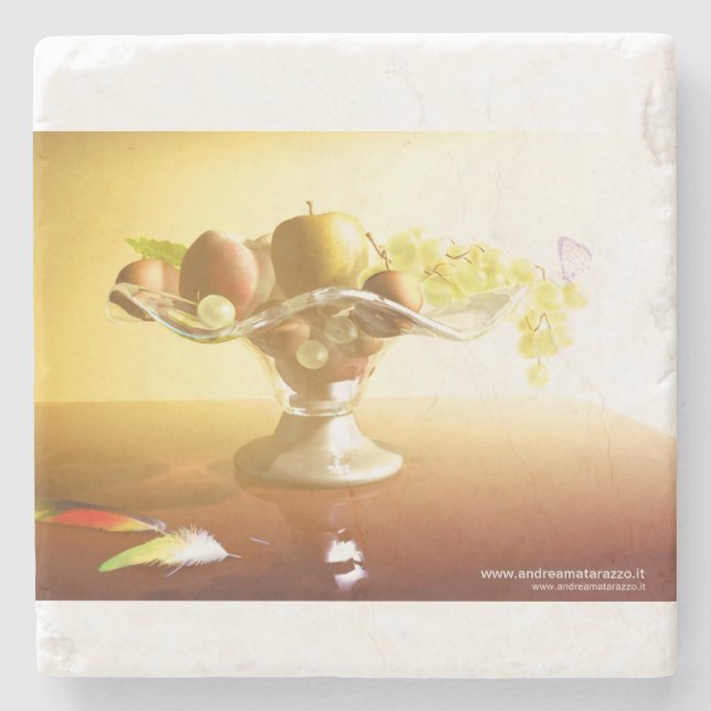 Posavasos De Piedra Cesta de vidrio con frutas y mariposa (Anverso)