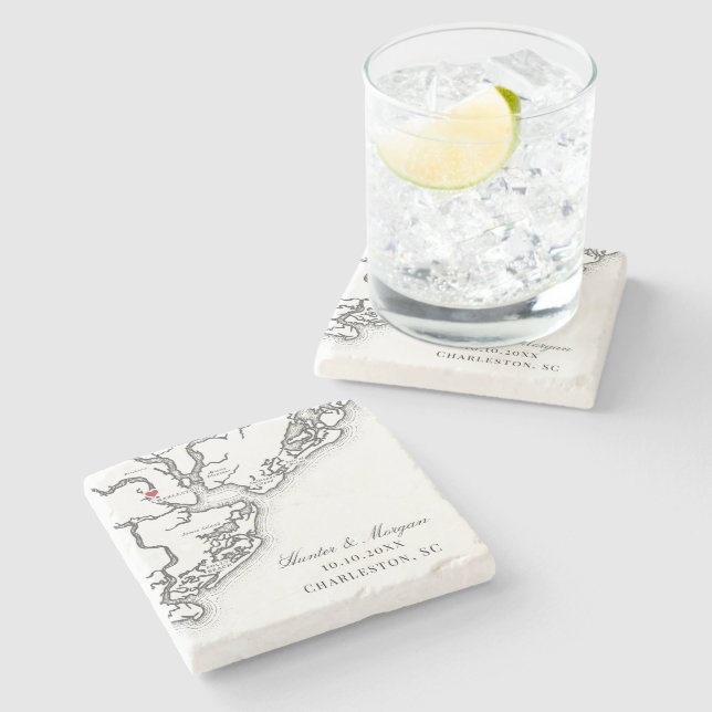 Posavasos De Piedra Charleston Map Elegant Black Wedding Favor (Lateral)