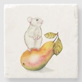 Posavasos De Piedra Charming Mouse on a Pear
