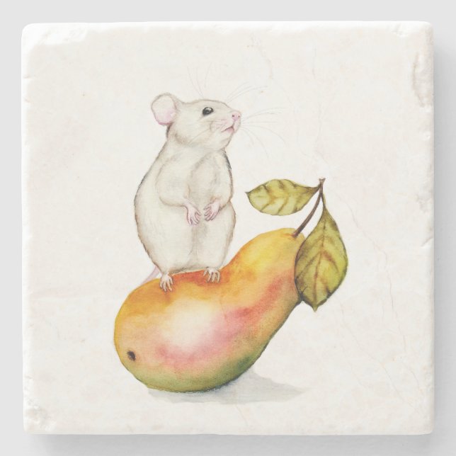 Posavasos De Piedra Charming Mouse on a Pear (Anverso)