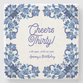Posavasos De Piedra Cheers thirty birthday royal blue floral border na