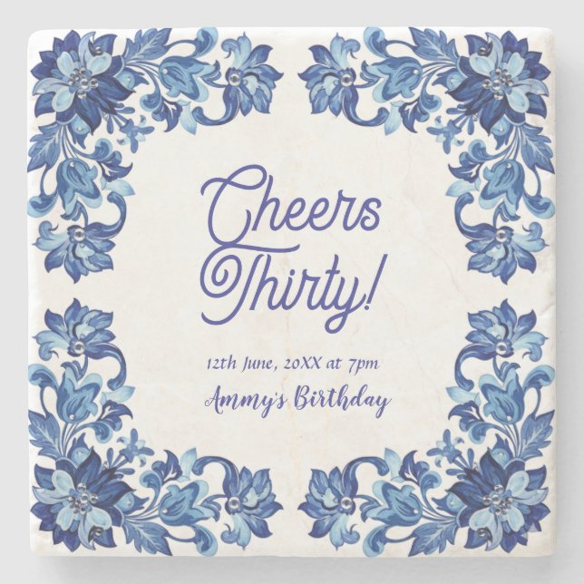 Posavasos De Piedra Cheers thirty birthday royal blue floral border na (Anverso)
