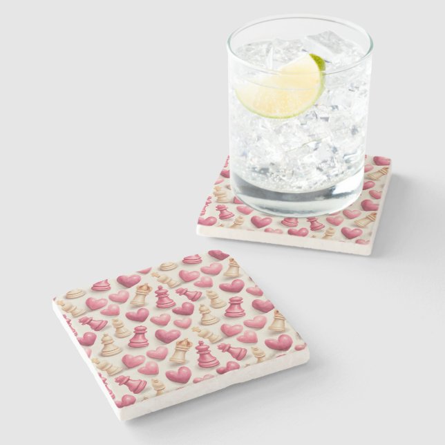 Posavasos De Piedra Chess & Hearts Valentines Pattern (Lateral)