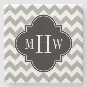 Posavasos De Piedra Chevron Gris Blanco Negro Cuatrefoil 3 Monograma