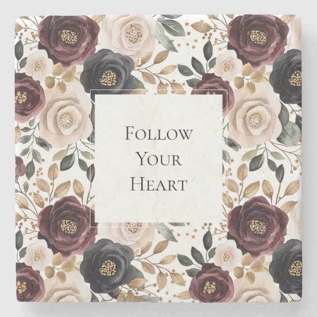 Posavasos De Piedra Chic Burgundy Cream Floral   (Anverso)