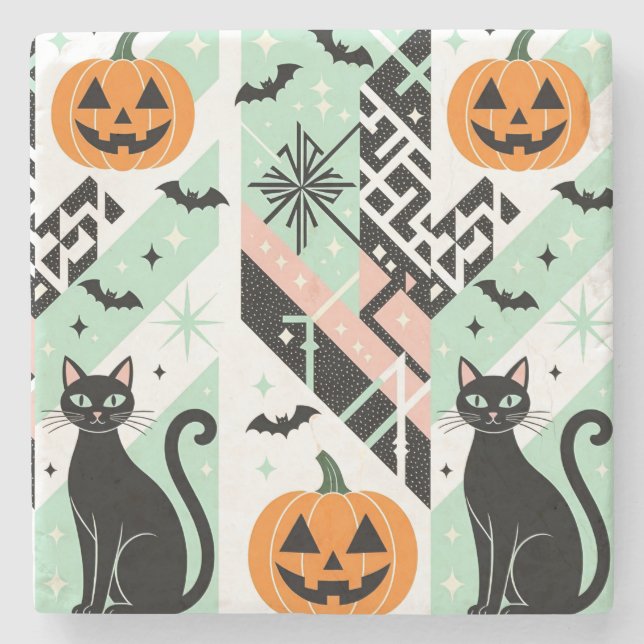 Posavasos De Piedra Chic Geometric Pastel Black Cat Pumpkin Halloween (Anverso)