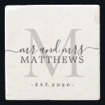 Posavasos De Piedra Chic Plata Fecha de Boda Nombre de Letra Monograma<br><div class="desc">Elegante posavasos de piedra negro moderno con el texto sr y sra y su apellido de casados y año de establecimiento en elegante letra manuscrita caligráfica negra con un monograma gris plateado. Simplemente agregue su nombre, monograma y año debajo. Diseño elegante y regalo de lujo perfecto para la pareja recién...</div>