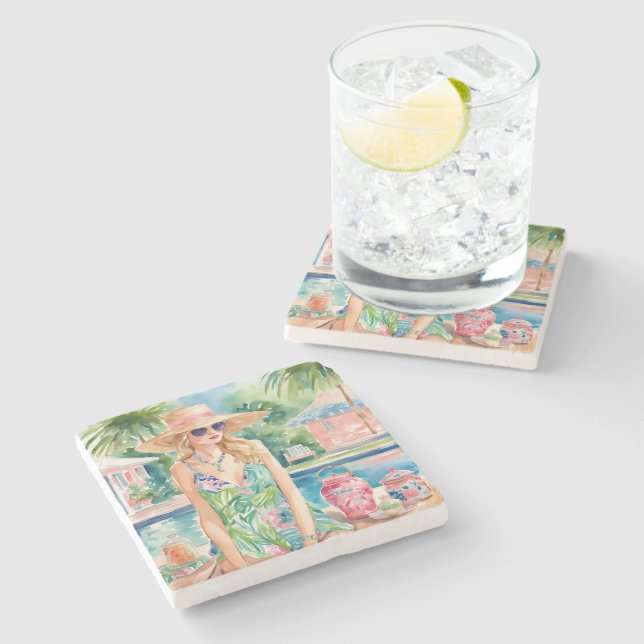 Posavasos De Piedra Chica acuático Preppy Palm Beach en la piscina (Lateral)