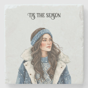 Posavasos De Piedra Chica Cabello Marrón Nieve Invierno Navidad Copos 