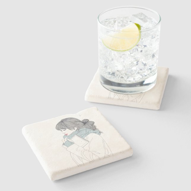 Posavasos De Piedra Chica con bufanda y libro (Lateral)