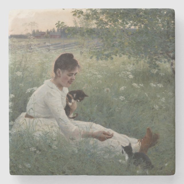 Posavasos De Piedra Chica con gatos en un paisaje veraniego (gatitos) (Anverso)