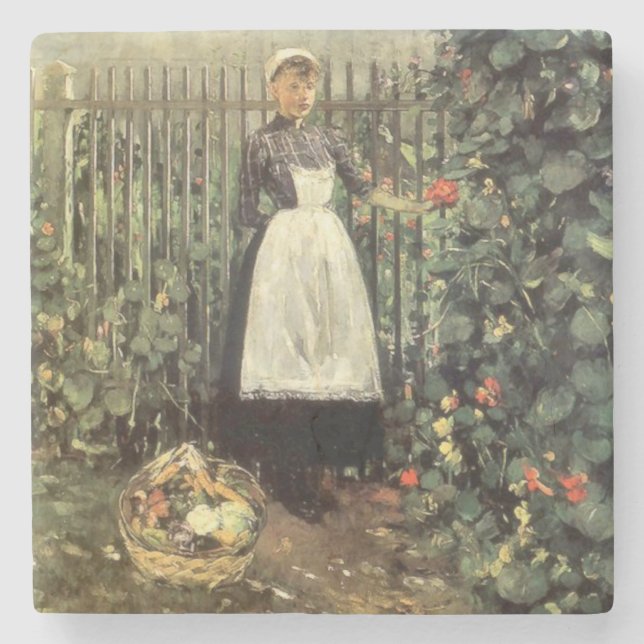 Posavasos De Piedra Chica con una cesta de verduras en un jardín (Anverso)