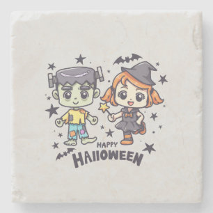 Posavasos De Piedra Chica de brujas y niño zombi travieso