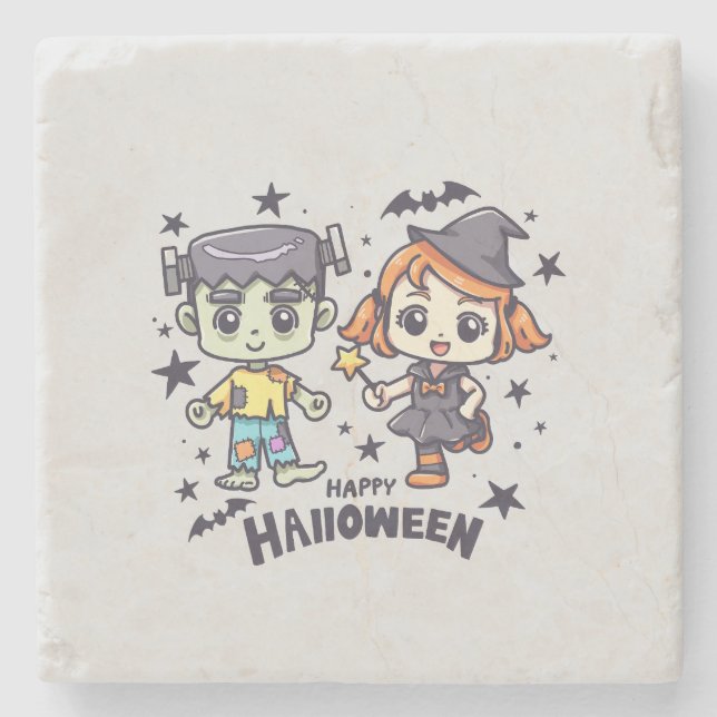 Posavasos De Piedra Chica de brujas y niño zombi travieso (Anverso)