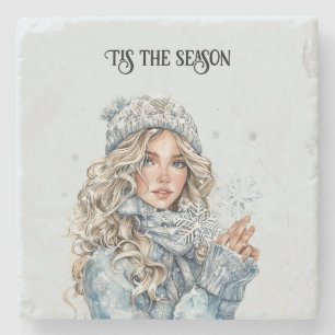 Posavasos De Piedra Chica de pelo rubio nieve de invierno copos de nie