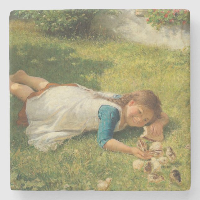 Posavasos De Piedra Chica jugando con chicles (pollo y pollo) (Anverso)