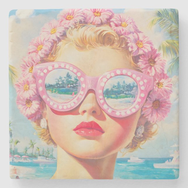 Posavasos De Piedra Chica Retro Beach con gafas de sol florales (Anverso)