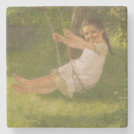 Posavasos De Piedra Chica sonriente en un Swing (infancia vintage)
