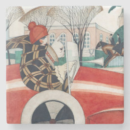 Posavasos De Piedra Chica y perro de pug en un automóvil rojo