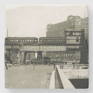 POSAVASOS DE PIEDRA CHICAGO MERCHANDISE MART TROLLEY TRAIN WATERCOLOR
