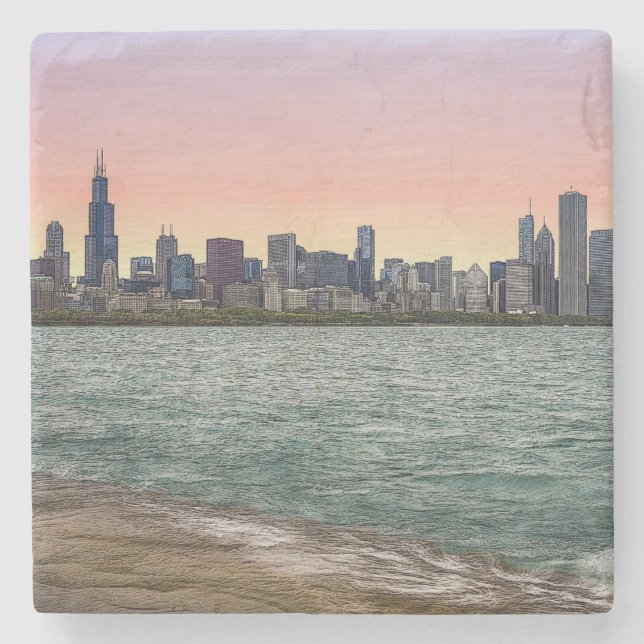 Posavasos De Piedra Chicago Skyline Painterly (Anverso)