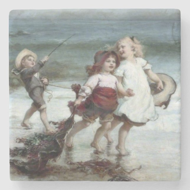 Posavasos De Piedra Chicas jugando como caballos en la playa (Anverso)