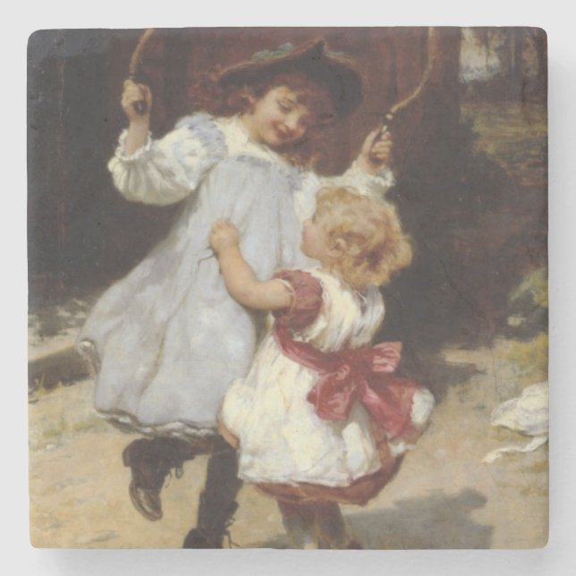 Posavasos De Piedra Chicas saltando con una pista que salta (Anverso)