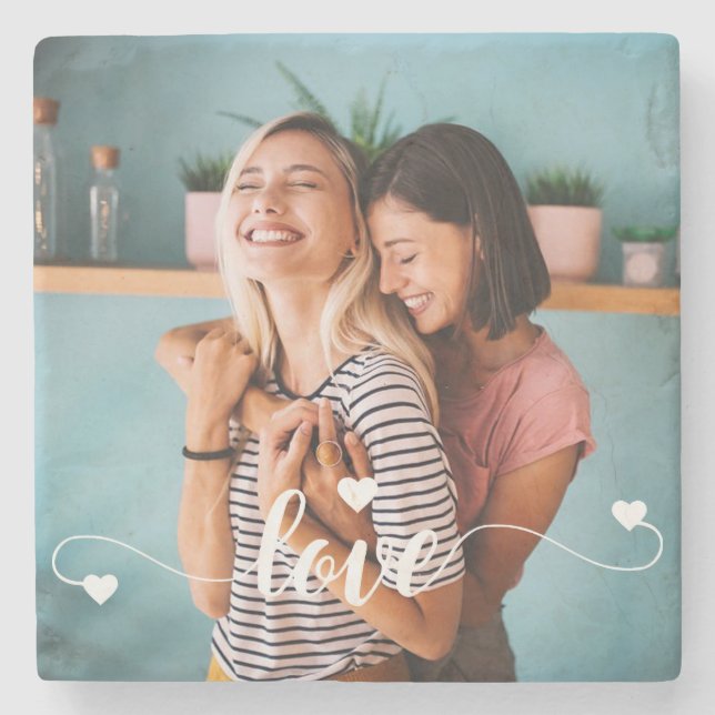 Posavasos De Piedra Chicas White Love Script con Heart Valentine (Anverso)