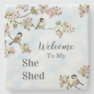 Posavasos De Piedra Chickadees y flores de manzana que usó como person