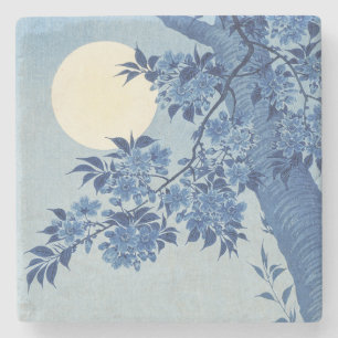 Posavasos De Piedra Chinoiserie Azul Marino Flor de Cerezo y Luna Llen